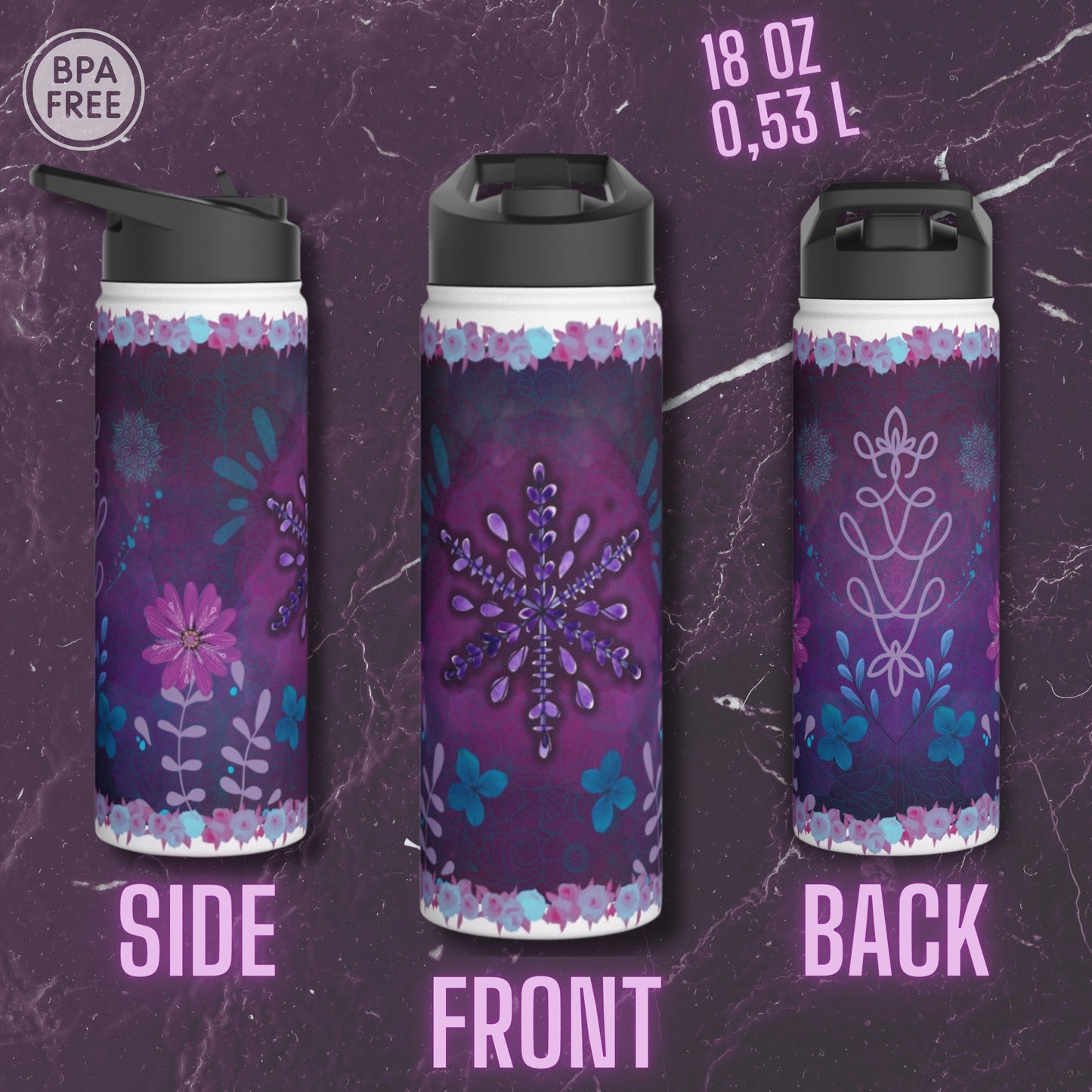 Arctic Blossom Insulated Water Bottle - Purple water bottle , Lavender, Art Steel Water Bottle, Thermal Water Bottle, Custom water bottle