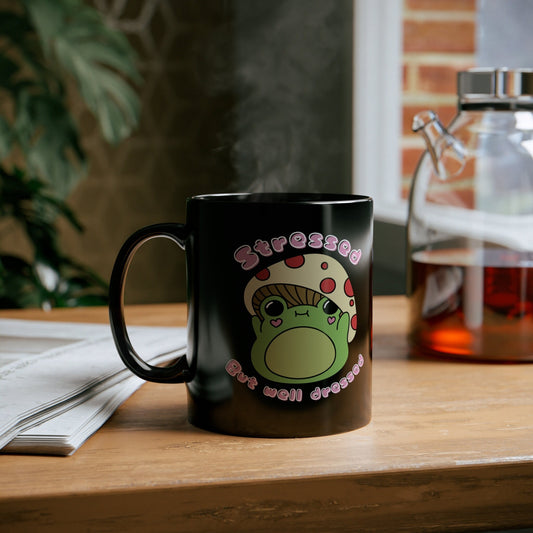 Stressed but well dressed cute frog mug - Black Mug - funny mug - meme mug - funny gift - cute gift idea