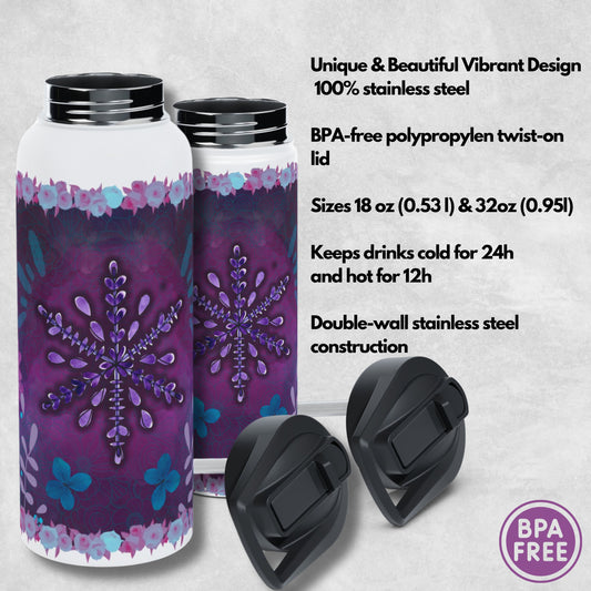 Arctic Blossom Insulated Water Bottle - Purple water bottle , Lavender, Art Steel Water Bottle, Thermal Water Bottle, Custom water bottle