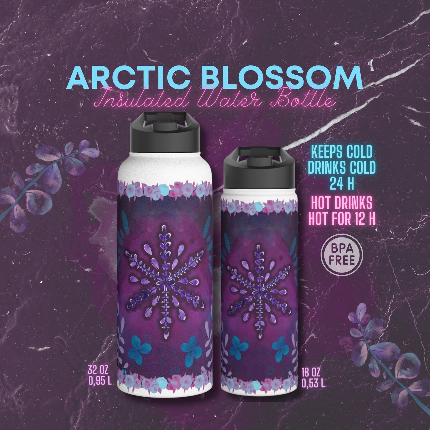 Arctic Blossom Insulated Water Bottle - Purple water bottle , Lavender, Art Steel Water Bottle, Thermal Water Bottle, Custom water bottle