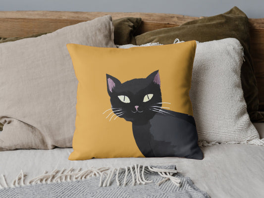 Mustard yellow black cat decorative pillow - Cotton decorative Pillow - gift for cat lovers - colorful home - statment pillow - cute pillow