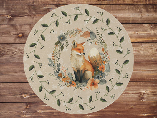 Fox Nature Round Rug, Vintage Farmhouse Cottagecore, Vintage Farmhouse Cottagecore Whimsical Floral Fox Decorative Rug, Home Decor Kids room