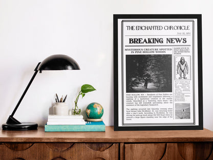 Cryptid Sasquatch Poster, Vintage Newspaper Print, Cryptozoology Art Bigfoot wall art, Cryptid poster wall art, Unique Wall Art, Mystery Art