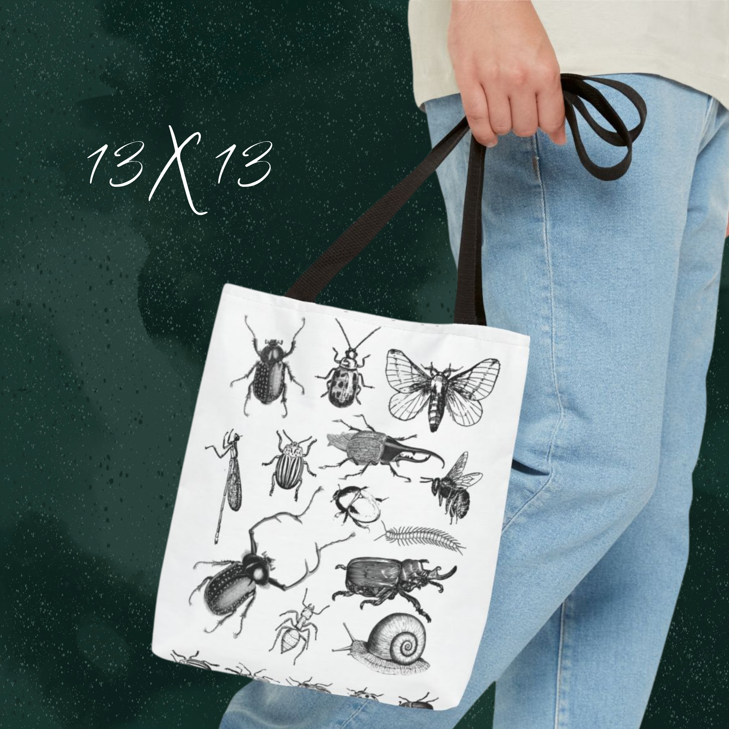 Vintage-style tote bag featuring entomology insect illustrations, perfect for nature lovers and bug enthusiasts. Ideal gift for men and women who love beetles and bugs